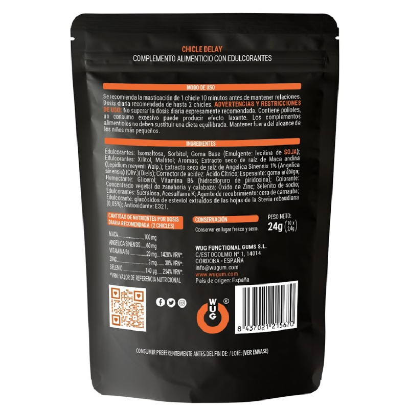 WUG DELAY – Chicle funcional con Zinc, Selenio y Vitamina B6 para mayor control y resistencia en los momentos íntimos