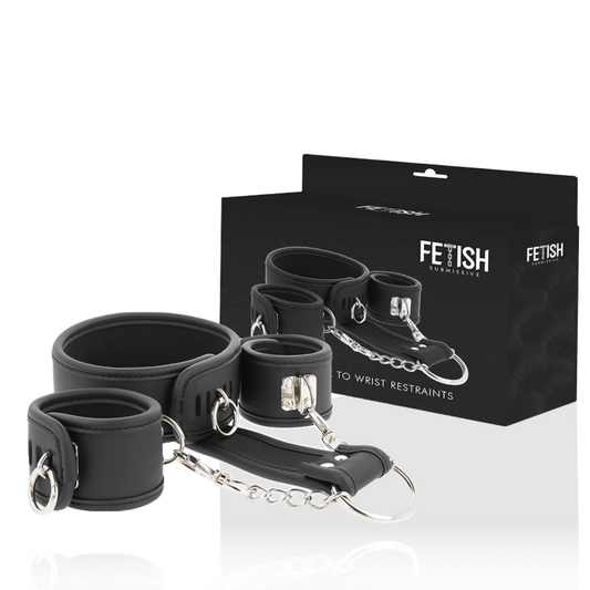 FETISH SUBMISSIVE - COLLAR Y ESPOSAS CUERO VEGANO CON FORRO DE NEOPRENO