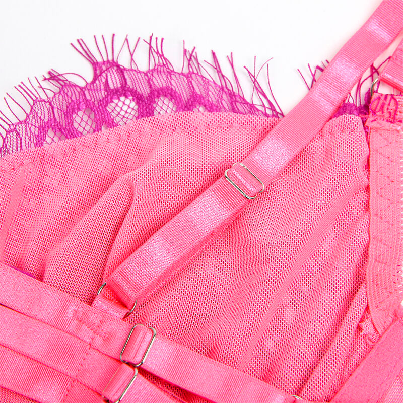 SUBBLIME - 955366 SET SUJETADOR CON ENCAJE Y LIGUEROS ROSA Y MORADO L/XL