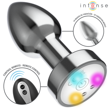 INTENSE - PLUG ANAL DE METAL VIBRADOR CON LUCES LED Y CONTROL REMOTO - TALLA S