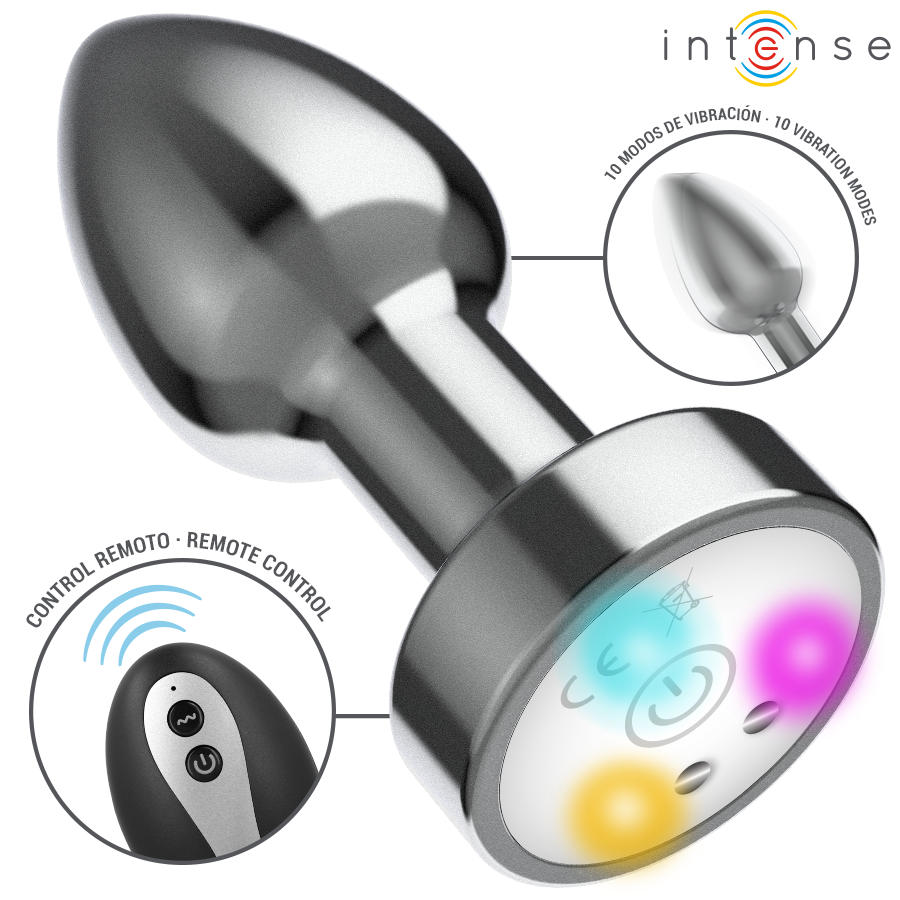 INTENSE - PLUG ANAL DE METAL VIBRADOR CON LUCES LED Y CONTROL REMOTO - TALLA M
